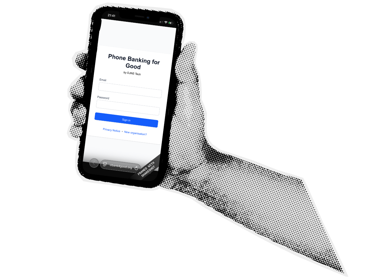 Hand holding a phone showing Phonebank for Good